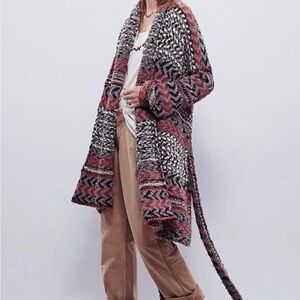 FREE PEOPLE Charcoal Combo IONA Mix PATTERN Long BELTED Cardigan SWEATER